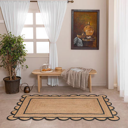 Handmade Scalloped Rectangle Jute Rug with Black Border | Eco-Friendly Natural Area Carpet