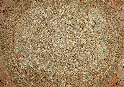 Round braided rug on a tiled floor