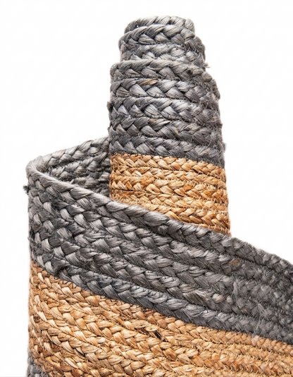 handmade Jute Runner Floor Carpet in natural jute with gray and tan woven stripes on white background