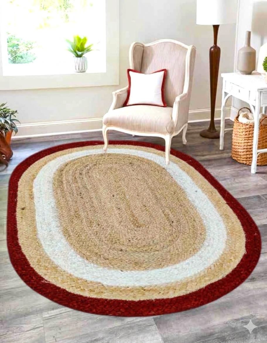 Natural Jute Area Rug Round Rug with red border and beige center, light blue inner stripe