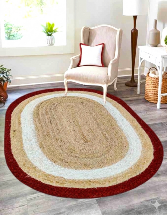 Natural Jute Area Rug Round Rug with red border and beige center, light blue inner stripe