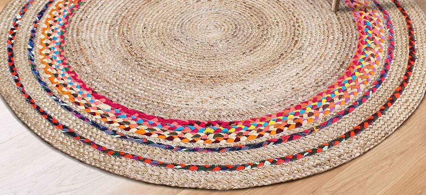 Natural Jute Area Rug featuring vibrant woven patterns, perfect as a round rug for adding texture to any space.