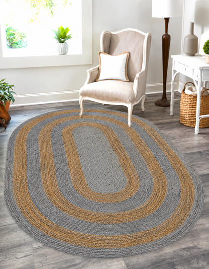 Natural Jute Area Rug round rug with braided border in gray and tan stripes, indoor floor carpet for living room and entryway