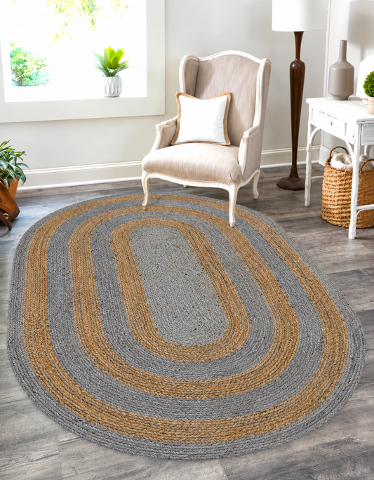 Natural Jute Area Rug round rug with braided border in gray and tan stripes, indoor floor carpet for living room and entryway