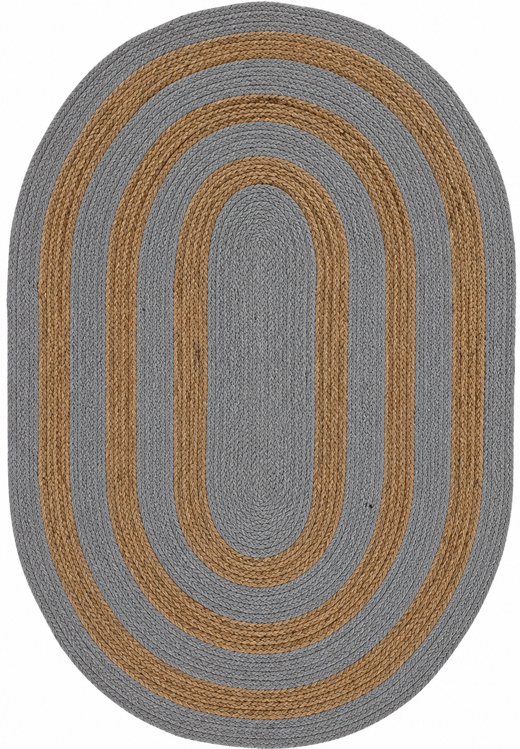 Natural Jute Area Rug round rug with braided border, gray and tan oval pattern, textured floor carpet style
