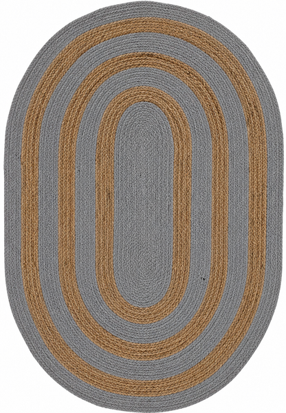 Natural Jute Area Rug round rug with braided border, gray and tan oval pattern, textured floor carpet style