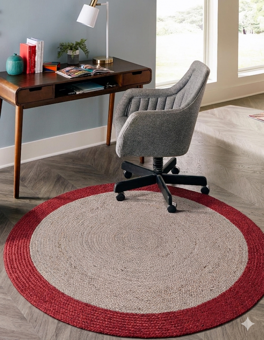 Natural Jute Area Rug round rug beige and red pattern in living room with office chair