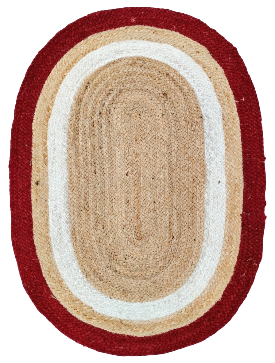 Oval Rug red jute area rug with natural beige and white braided stripe pattern