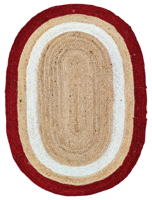 Oval Rug red jute area rug with natural beige and white braided stripe pattern