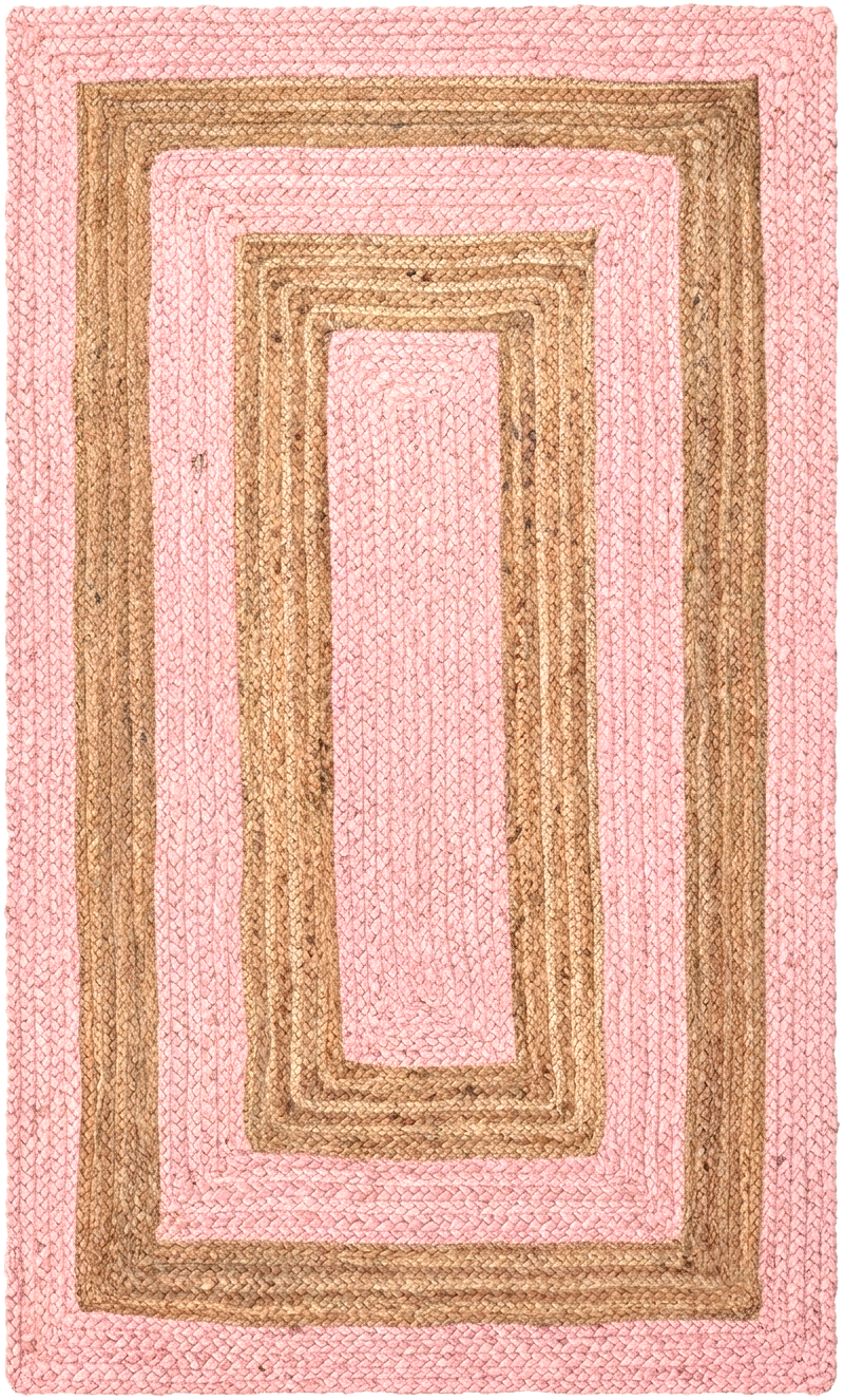 Natural Jute Area Rug woven rectangular rug with pink and natural brown geometric border for floor use