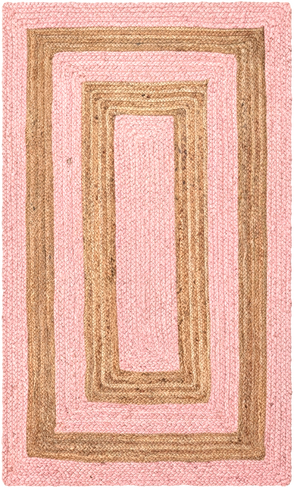 Natural Jute Area Rug woven rectangular rug with pink and natural brown geometric border for floor use