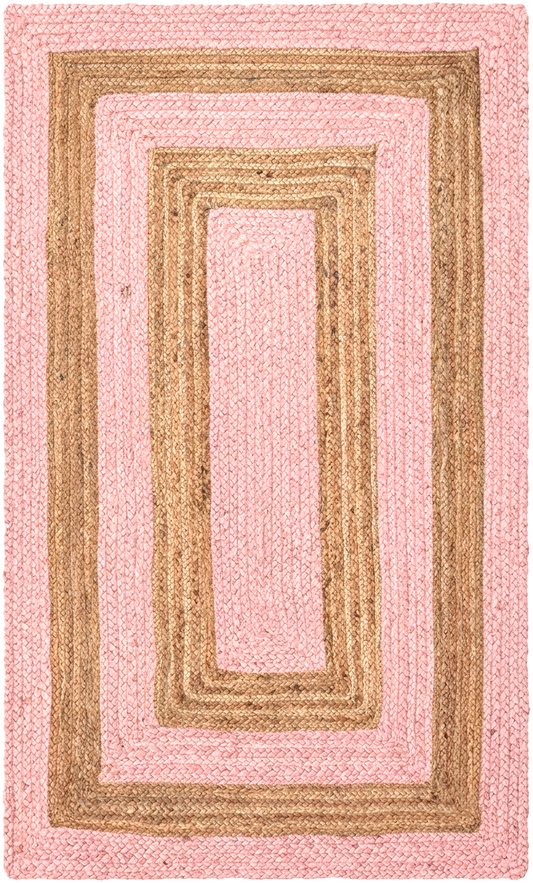 Natural Jute Area Rug woven rectangular rug with pink and natural brown geometric border for floor use