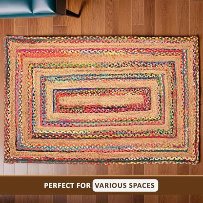 Multicolored braided rug on a wooden floor with text 'Perfect for Various Spaces'.