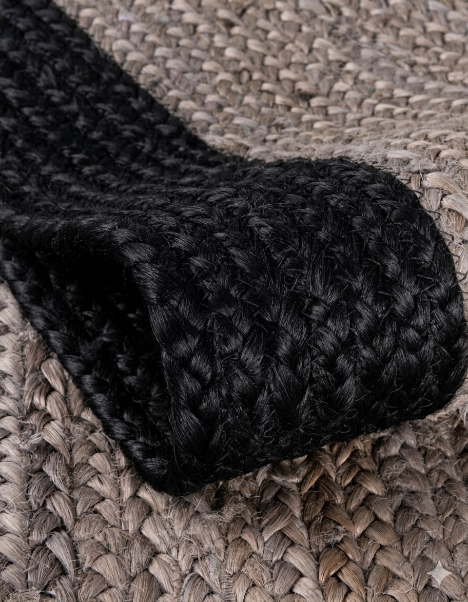 Close-up of a black woven rug on a textured surface