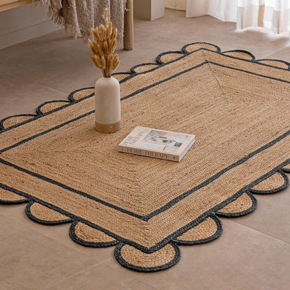 Handmade Scalloped Rectangle Jute Rug with Black Border | Eco-Friendly Natural Area Carpet