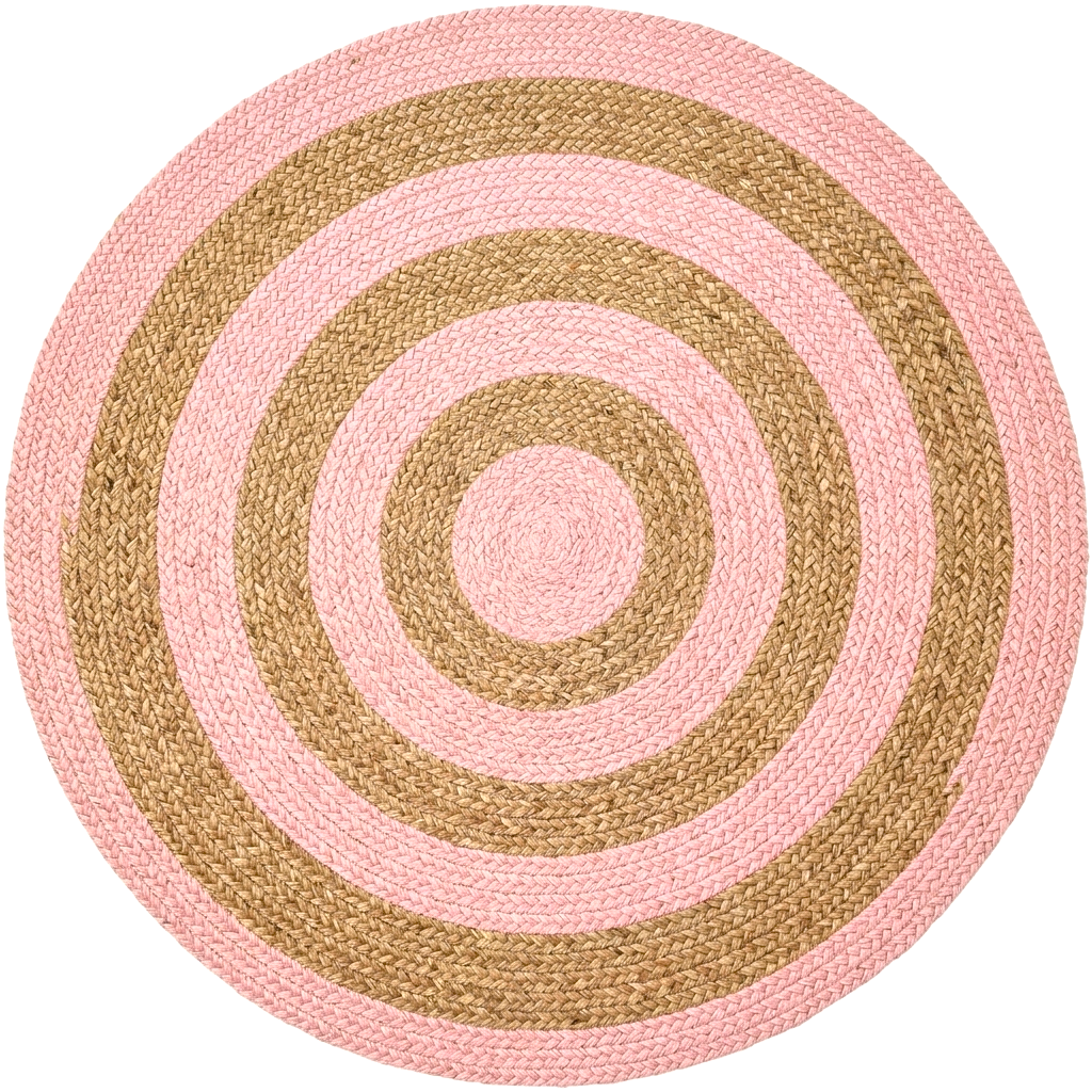 Natural Jute Area Rug round rug with braided pink and natural spiral jute pattern