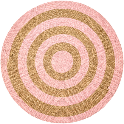 Natural Jute Area Rug round rug with braided pink and natural spiral jute pattern