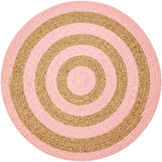 Natural Jute Area Rug round rug with braided pink and natural spiral jute pattern
