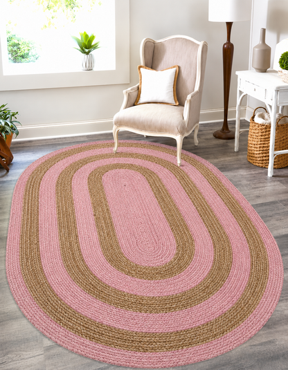 Natural Jute Area Rug round braided jute in pink and tan spiral pattern for indoor hallway and entryway
