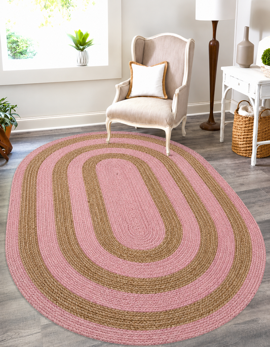 Natural Jute Area Rug round braided jute in pink and tan spiral pattern for indoor hallway and entryway