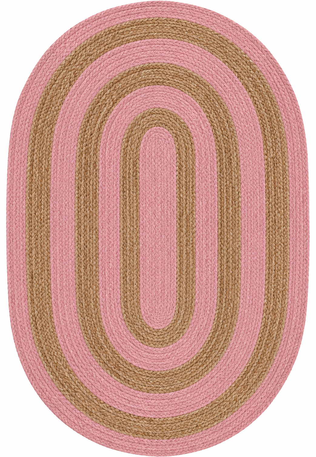 Pink and tan Natural Jute Area Rug with bold braided oval pattern, round rug style
