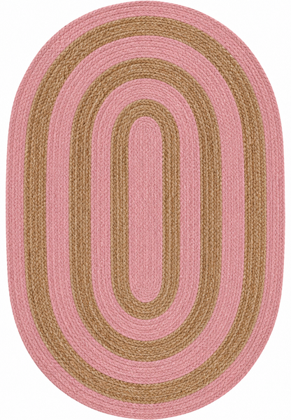 Pink and tan Natural Jute Area Rug with bold braided oval pattern, round rug style