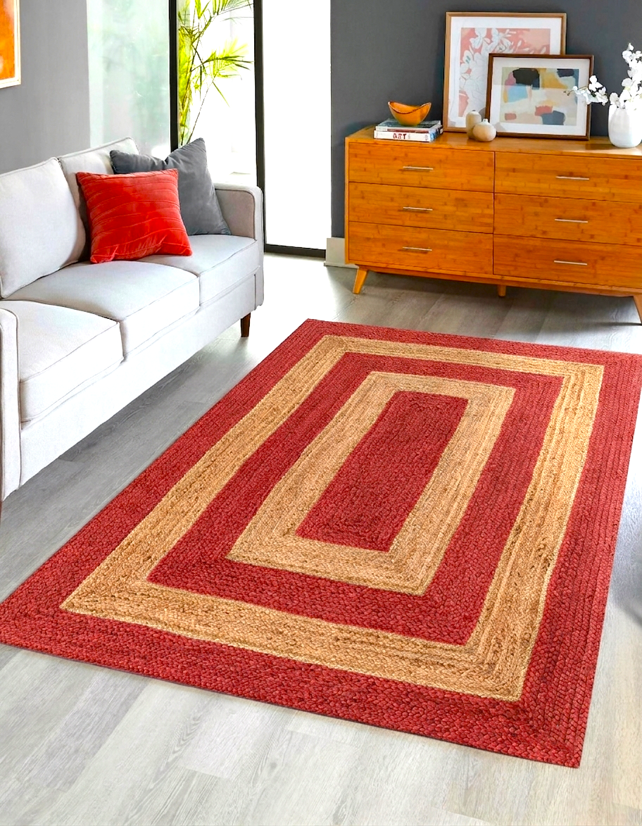 Natural Jute Area Rug red and beige geometric floor carpet with border on hardwood floor