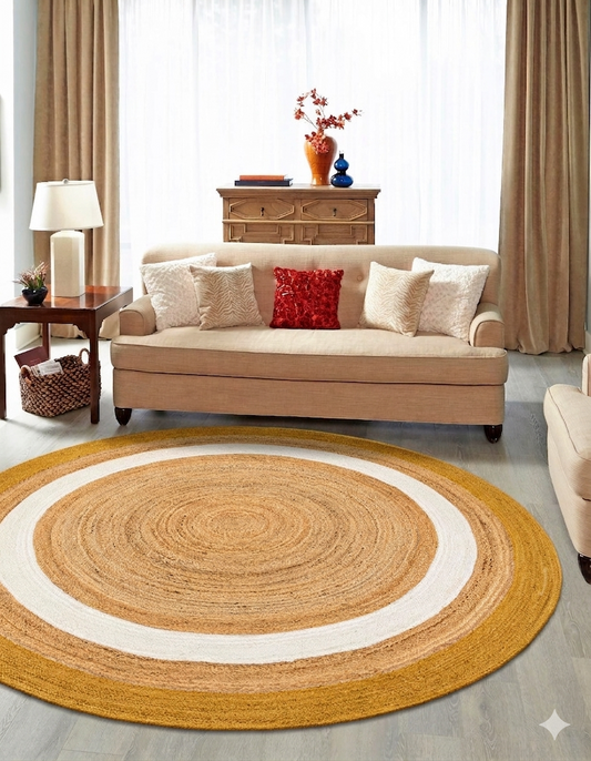 Natural Jute Area Rug round rug with white border, beige jute Floor Carpet in living room
