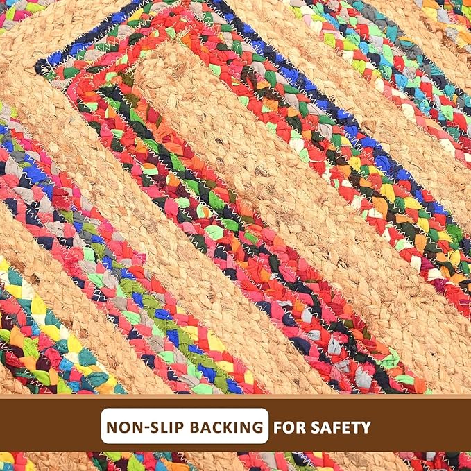 Colorful braided rug with a non-slip backing label