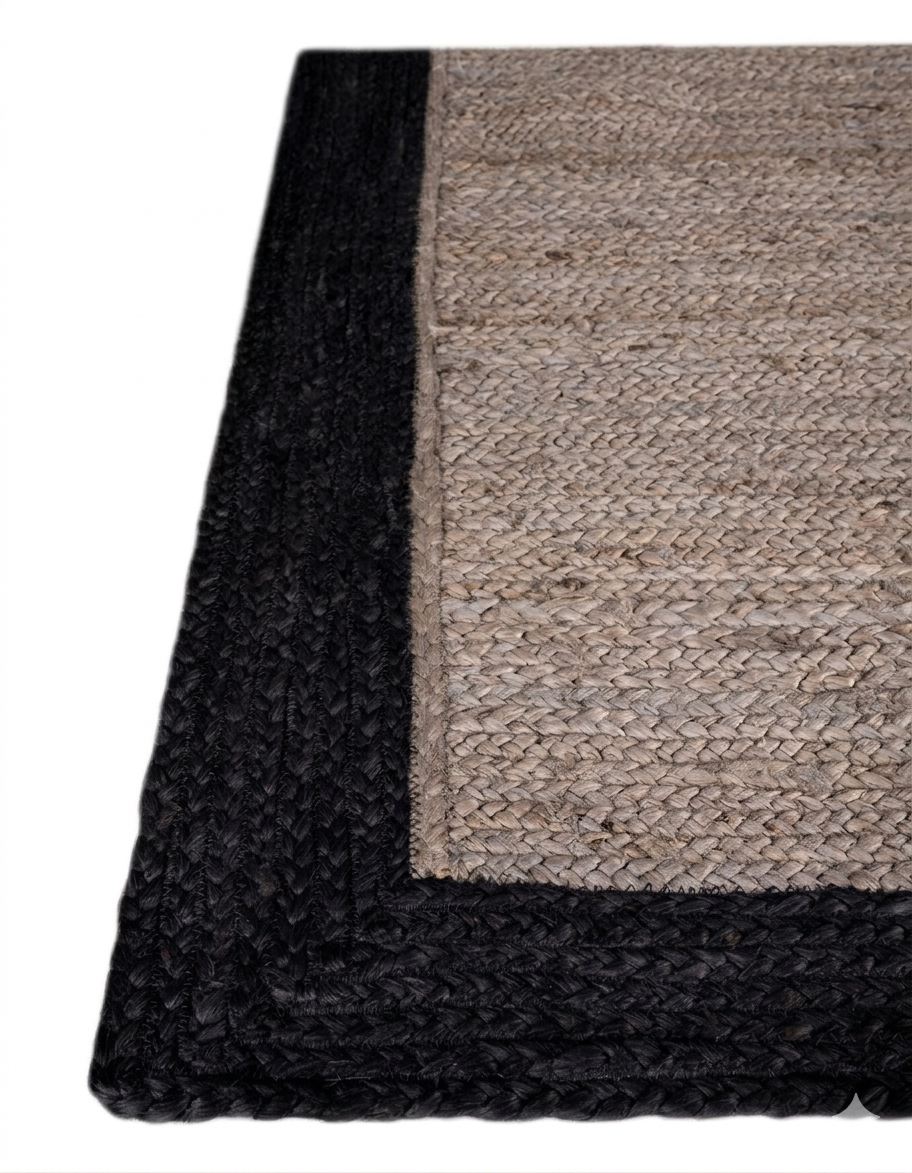 Close-up of a black and beige woven rug corner.