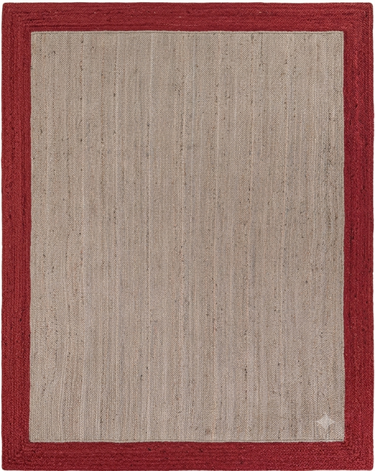 Beige rug with a red border