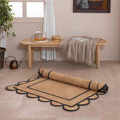 Handmade Scalloped Rectangle Jute Rug with Black Border | Eco-Friendly Natural Area Carpet