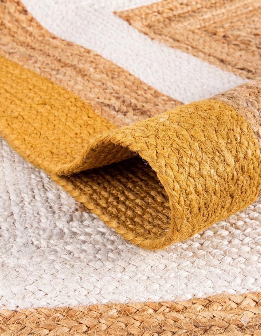 Natural Jute Area Rug in honey tan with braided texture and folded edge on light woven backing