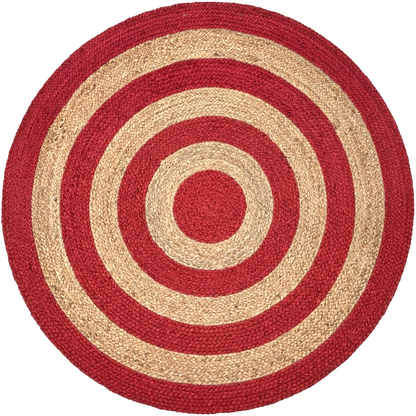 Natural Jute Area Rug Round Rug circular with red and beige concentric striped pattern