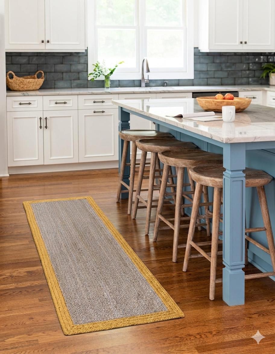 Kitchen with a blue island, wooden stools, and a gray rug on the floor.