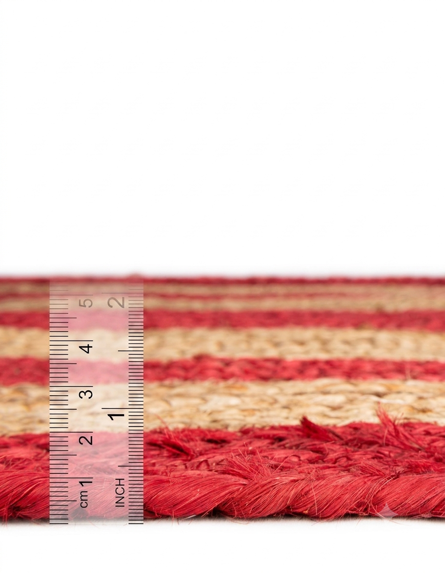Natural Jute Area Rug with red and beige solid braided pattern, shown with a ruler measuring pile height