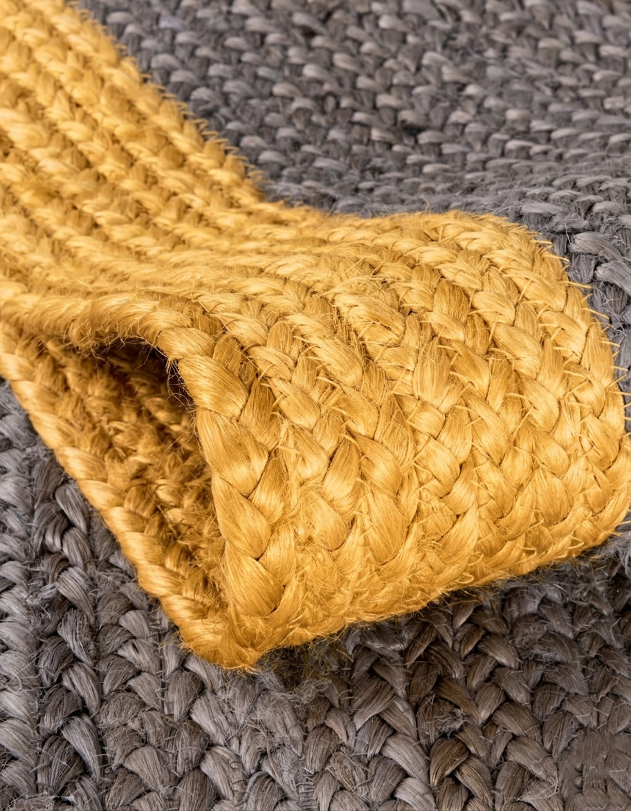 Natural Jute Area Rug in golden tan with braided border, shown as an oval runner on a gray woven floor carpet