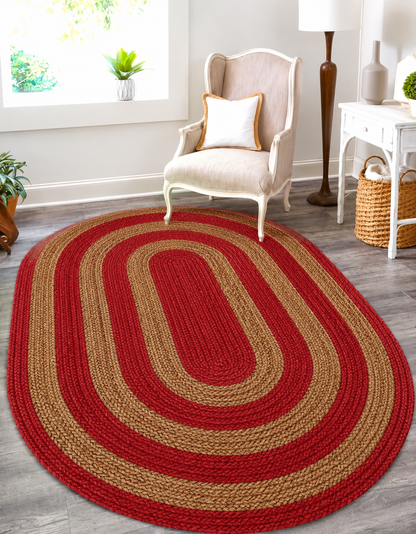 Natural Jute Area Rug in red and tan with solid braided pattern, oval runner rug on a living room floor