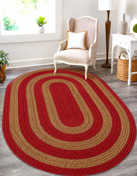 Natural Jute Area Rug in red and tan with solid braided pattern, oval runner rug on a living room floor