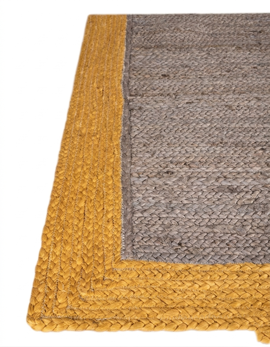Natural Jute Area Rug with braided border, mustard and gray woven pattern, indoor floor rug for hallway and entryway