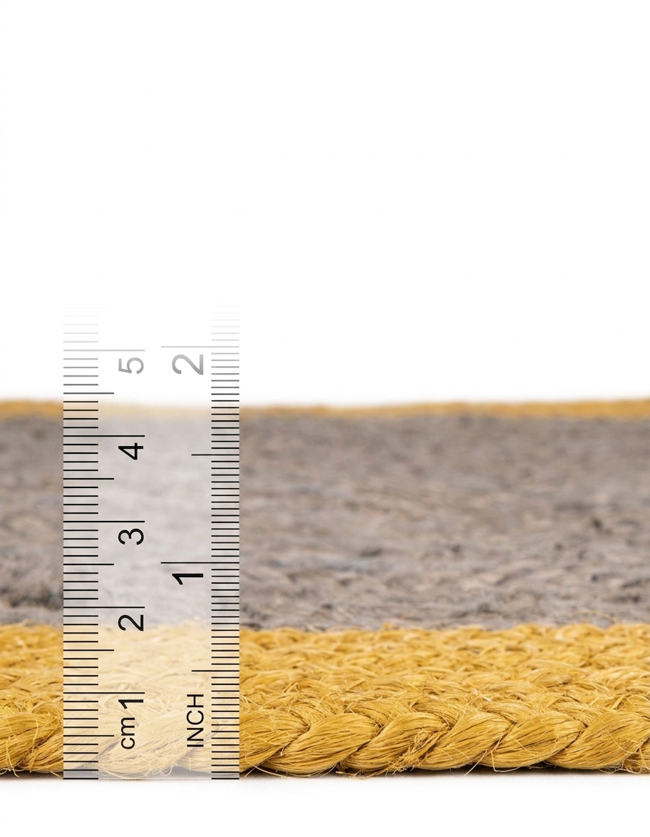 Natural Jute Area Rug floor carpet with braided border, shown with a close-up measuring tape on the woven jute pile
