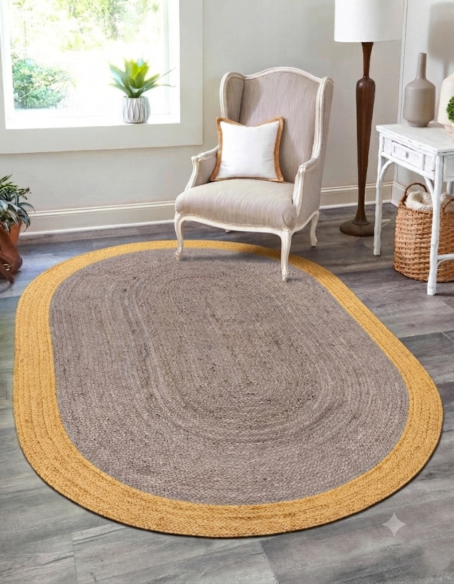 Natural Jute Area Rug in oval shape with braided border, indoor floor rug for hallway and entryway, tan and gray