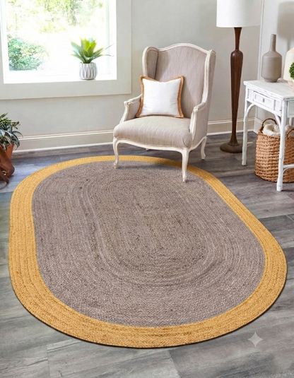 Natural Jute Area Rug in oval shape with braided border, indoor floor rug for hallway and entryway, tan and gray