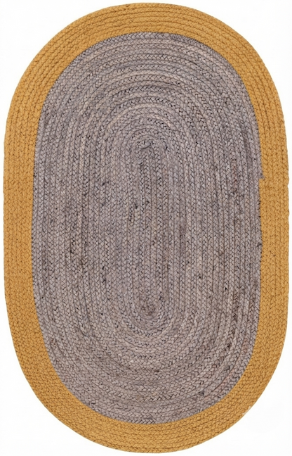 Natural Jute Area Rug with oval shape, tan and light gray braided border, solid braided pattern for indoor floor hallway and entryway