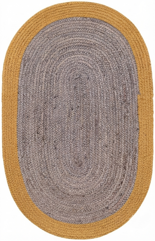 Natural Jute Area Rug with oval shape, tan and light gray braided border, solid braided pattern for indoor floor hallway and entryway
