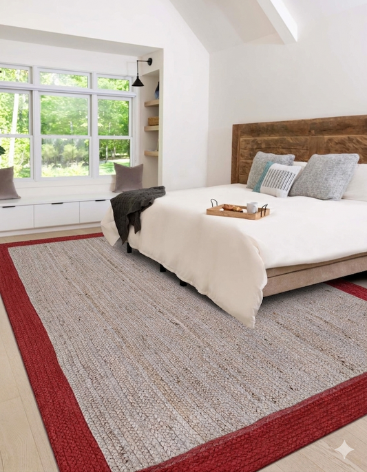 Bedroom with a large bed, wooden headboard, and a patterned rug.