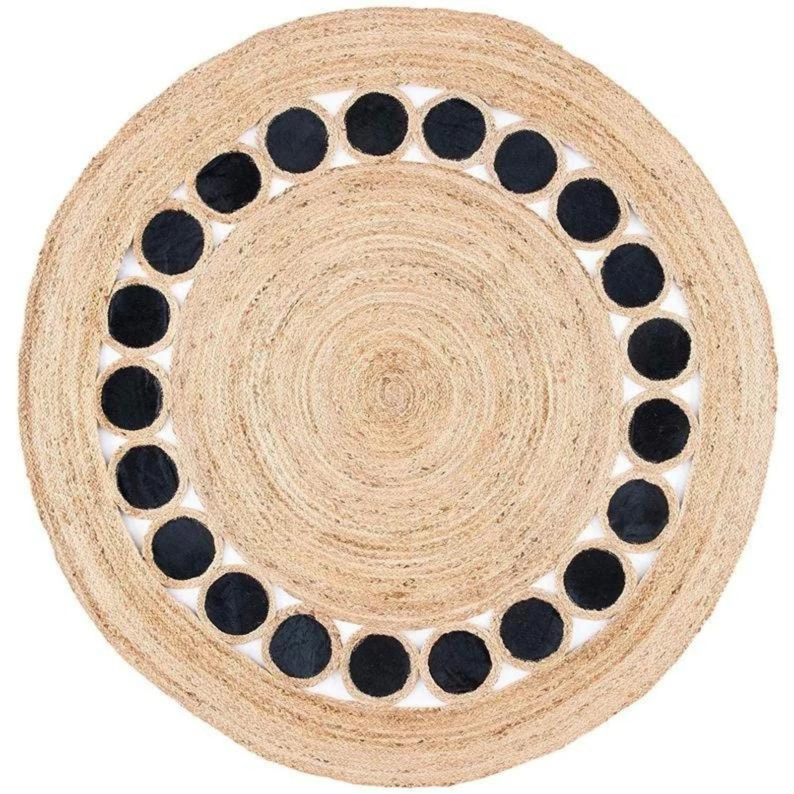 Round woven mat with black circular patterns on a white background