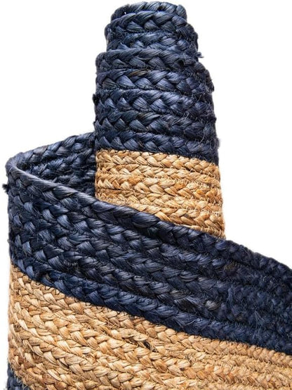 Handcrafted navy and natural jute woven basket, stylish and durable for home decor.