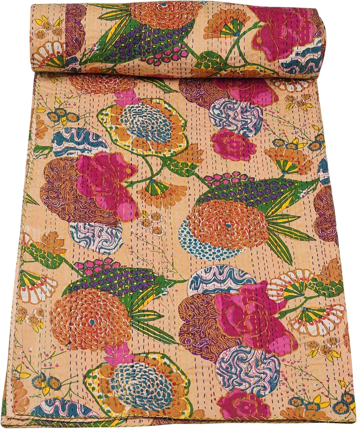 Colorful floral and animal patterned fabric roll-up on a white background