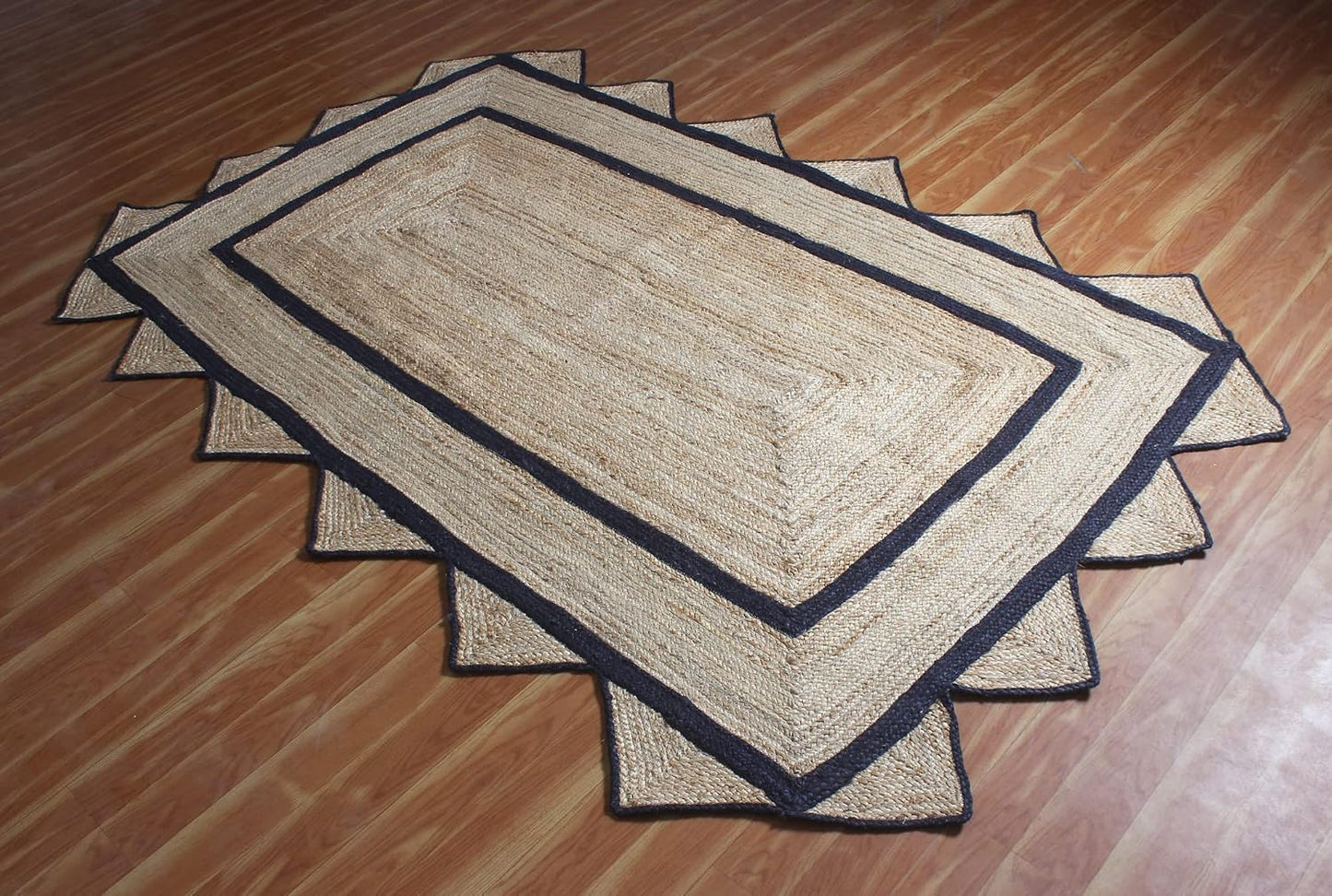 Handmade Natural Black Geometric Scalloped Jute Rug Rectangle Braided Area Rug